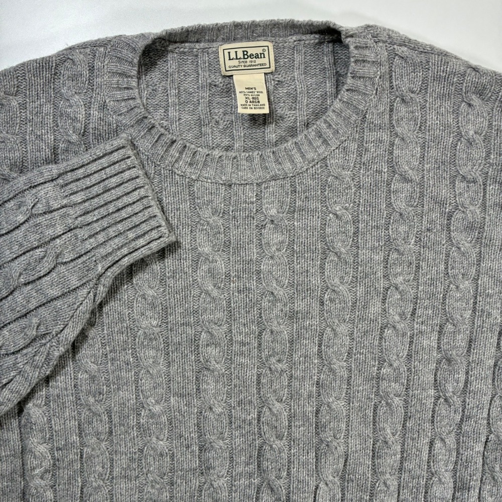 LL Bean Cable Knit Sweater XL Gray Lambswool Nylon Crewneck 90s